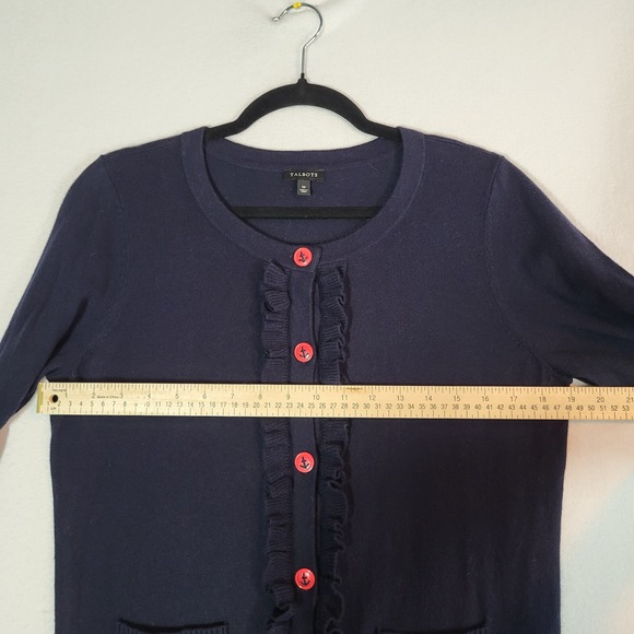 Talbots Nautical Anchor Cardigan Navy Ruffle Cotton Cashmere Sweater M Preppy - Picture 9 of 10
